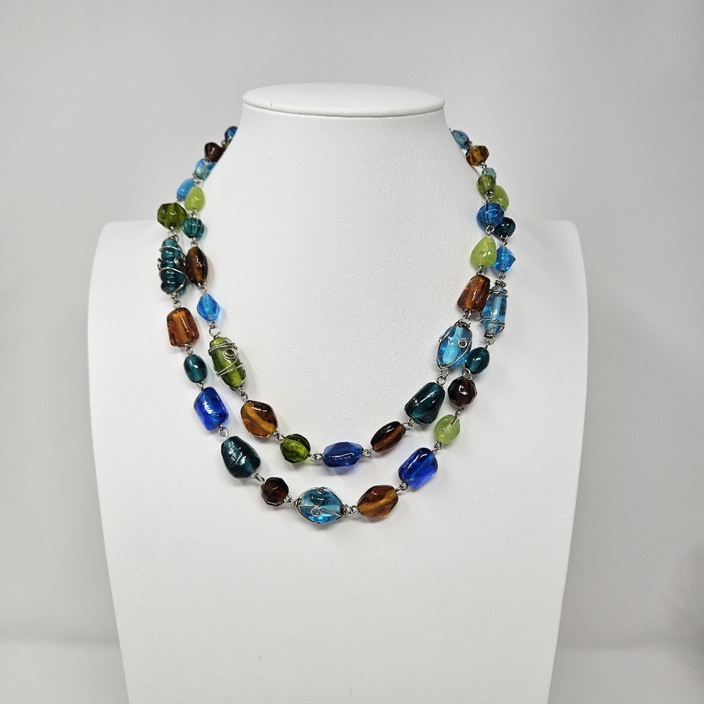 Double Strand Glass Bead Necklace Silver Tone Blue Green Amber Tone Beads